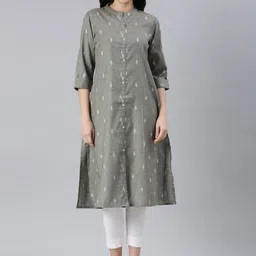 Samhitas Geometric Woven Design Mandarin Collar A-line Pure Cotton Kurta-picture-19
