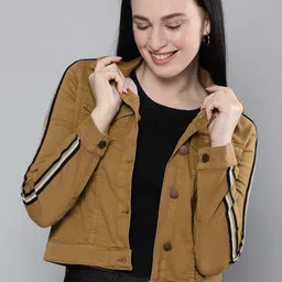 HERE&NOW Women Brown Solid Denim Jacket-picture-3