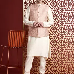 MANQ Solid Kurta & Churidar With Woven Design Nehru Jacket image 2