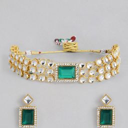Peora Green & White Kundan Stone Studded Gold-Plated Choker Jewellery Set image 3