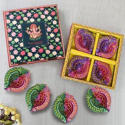 TIED RIBBONS Set Of 8 Purple & Brown Printed Diyas-86