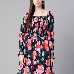 plusS Black Smocked Floral Printed Dress-picture-29