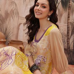 Sangria Floral Printed Lace Insert Detail Cuffed Sleeves Straight Kurta-34