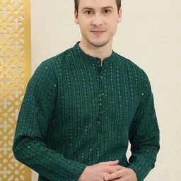 House of Pataudi Men Green Sequins Embellished Mandarin Collared Straight Kurta-picture-10
