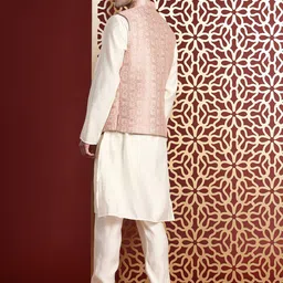 MANQ Solid Kurta & Churidar With Woven Design Nehru Jacket image 3