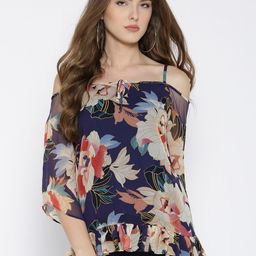 RARE Women Blue Lightweight Floral Printed Bardot Top-image-45