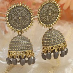 Moedbuille Handcrafted Meenakari Tasselled Floral Design Gold-Plated Antique Jhumki Earrings-5
