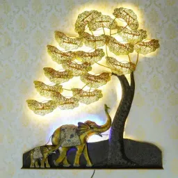 Elephant Family Under Golden Leaves Tree Handcrafted Iron Wall Hanging with background LED's-image-93