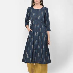 Span Blue Cotton Printed A Line Kurta-image-80