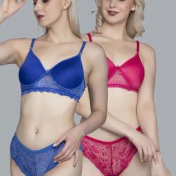 FIMS Blue & Fuchsia Lace Work Bra Panty Sets - Pack Of 2-17