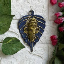 eCraftIndia Blue & Gold Metal Lord Ganesha Face On Leaf Wall Hanging Showpiece-image-96