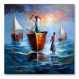 SAF Blue & Brown Boats Canvas Wall Painting-image-46