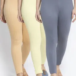 Gracit Grey & Skin Mid Rise Leggings - Pack Of 3-image-98