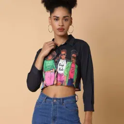 SHOWOFF Black Printed Cropped Shirt-image-44