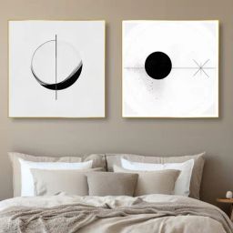 Nestroots Modern Black and White Circles Gold Frame Geometric Canvas Wall Painting - Set of 2-5