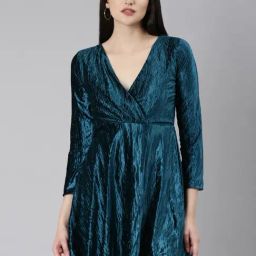 SHOWOFF Teal Velvet Fit & Flare Dress-image-91