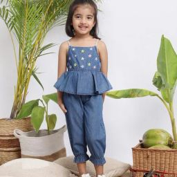 Budding Bees Kids Blue Embroidered Jumpsuit-image-36