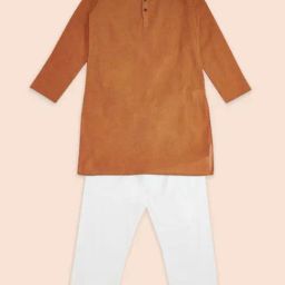 Indus Route by Pantaloons Kids Brown & White Cotton Regular Fit Full Sleeves Kurta Set-image-35
