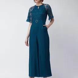 Miss Chase Women Teal Self Design Lace Basic Jumpsuit-picture-35