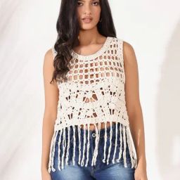 SHOWOFF Cream Self Design Sleeveless Top-image-47