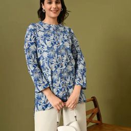 DECKEDUP Blue & White Cotton Printed Tunic-image-62