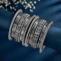 Peora Traditional Silver Roudium-Plated Bangles - Set of 18-image-64