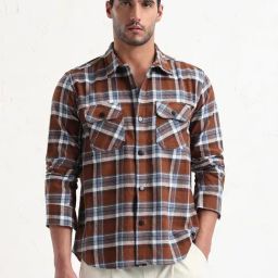 SHOW OFF Brown Cotton Slim Fit Checks Shacket-image-48