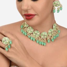 Zaveri Pearls Green & White Meenakari Cluster Pearls Choker Necklace Earring & Ring Set-ZPFK12617-image-61