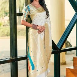 Satrani White & Golden Woven Saree With Unstitched Blouse-image-36