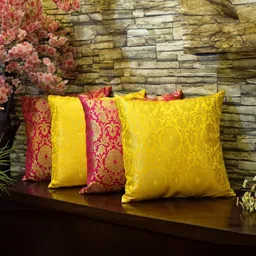 RoyalDeco Yellow & Pink 4 Pieces Ethnic Motifs Printed Brocade Silk Square Cushion Covers-57
