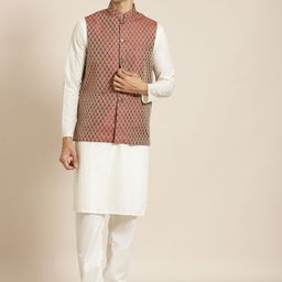 SOJANYA Men Cream-Coloured Chikankari Pure Cotton Kurta with Churidar & Nehru Jacket-picture-45