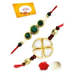 Karatcart Gold-Plated Kundan Rakhi with Roli Chawal & Greeting Card for Brother - Set of 2-33