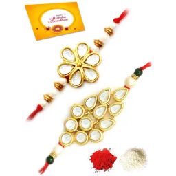 Karatcart Gold-Plated Kundan Rakhi with Roli Chawal & Greeting Card for Brother - Set of 2-38