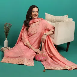 Moda Rapido Women Peach Printed Viscose Rayon Kurta Sets-picture-9