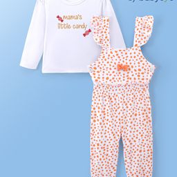Babyoye 100% Cotton Knit Dungarees With Full Sleeves T-Shirt Text Print - White & Orange-picture-0