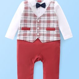 Babyhug Cotton Knit Full Sleeves Party Romper Checkered - Red & White-picture-13