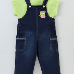 Little Kangaroos 100% Cotton Knit Solid Dungaree with Half Sleeves Inner Tee - Dark Blue(Patch Design May Vary)-image-7
