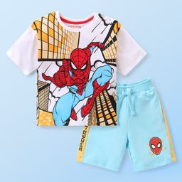 Babyhug Marvel Single Jersey Knit Half Sleeves T-Shirt & Shorts Set with Spiderman Graphic - Multicolour-image-10