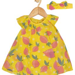 Creative Kids Cap Sleeves Fruits Printed Flared Dress With Coordinating Headband - Yellow & Pink-image-90