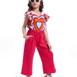 OLLINGTON ST. 100% Cotton Knit Half Sleeves Heart Printed Top & Culottes Set With Belt - Dark Pink-picture-43