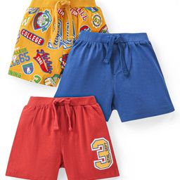 Babyhug Cotton Knit Shortswith Number & Text Print Pack of 3 - Blue Red & Yellow-image-19