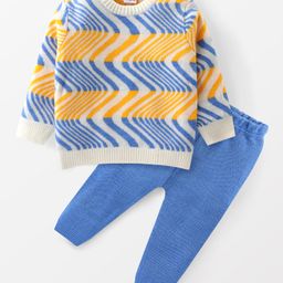 Babyhug Knit Full Sleeves Sweater Set with Wave Pattern Design - Light Blue-image-99