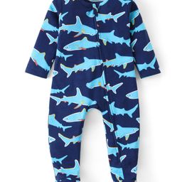 Babyhug Cotton Knit Full Sleeves Footed Sleep Suit With Sharks Print - Navy Blue-image-2