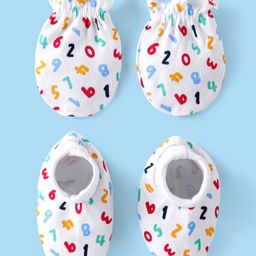 Babyhug 100% Cotton Knit Mitten & Booties With Numeric Print - White-picture-2