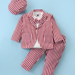Robo Fry Lycra Knit T-Shirt Trouser Set with Full Sleeves Striped Blazer Attached Bow & Hat - Maroon & White-picture-19