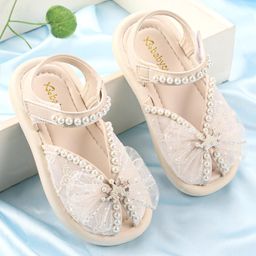 Babyoye Velcro Closure Sandal With Pearl Applique- White & Beige-image-75