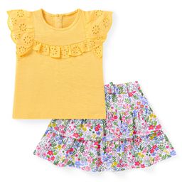 Babyhug Single Jersey Knit Half Sleeves Solid Colour FrillDetailed Top & Mid Thigh Length Floral Printed Layered Skirt - Yellow-picture-38