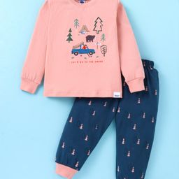 Teddy Sinker Knit Full Sleeves T-Shirt & Lounge Pants Set With Camping Theme Print - Pink& Navy-image-58