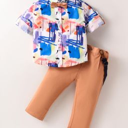ToffyHouse Cotton Knit Full Sleeves Printed Shirt & Trouser With Bow & Suspender - White & Tan-image-51