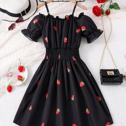 Bolly Lounge Cotton Blend Cold Shoulder Sleeves Strawberry Printed Smocked Dress - Black-image-68